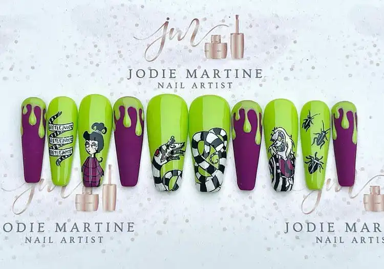 Vibrant purple and green Glow in the Dark Beetlejuice Nails, showcasing the film's signature color palette.