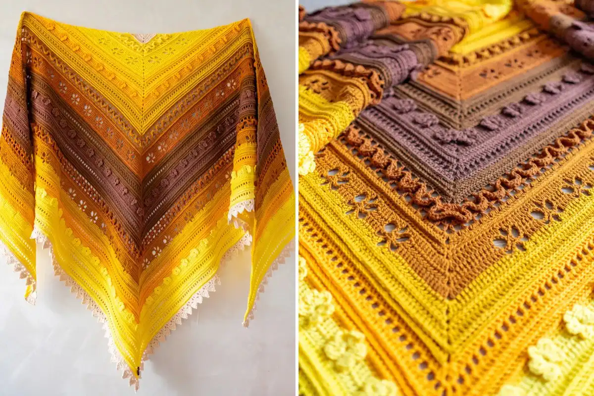 Stunning Golden Harvest Shawl crocheted in warm autumnal colors, laid out to showcase its intricate design.