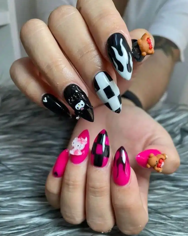Goth and Emo Nail Designs with Nail Chart 14 Black nails with dramatic silver glitter on accent nails and subtle rhinestones on the cuticle cuff