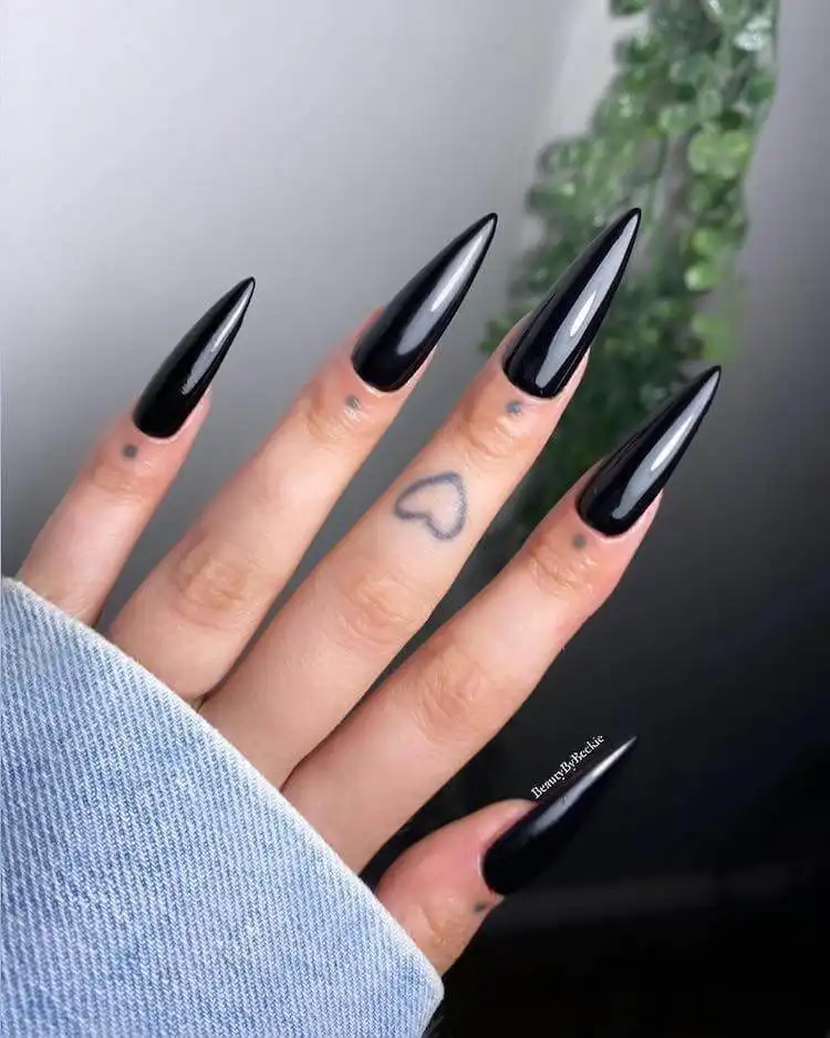 Goth and Emo Nail Designs with Nail Chart 15 Short stiletto acrylic nails, each featuring a unique cool design despite their shorter, practical length