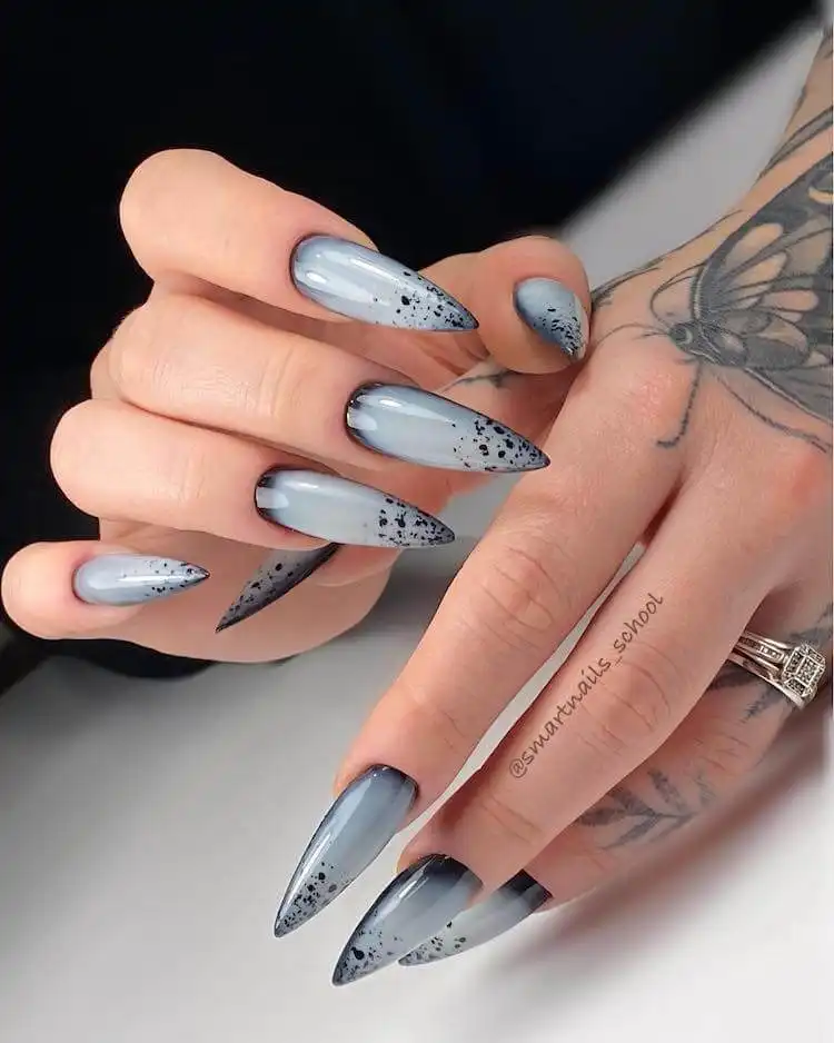 Goth and Emo Nail Designs with Nail Chart 4 Intricate hand-painted black nails with unique gothic illustrations and detailed artistry, suitable for fall