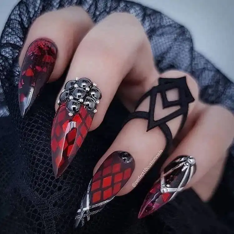 Goth and Emo Nail Designs with Nail Chart 9 Fun emo nails on natural nail length, showcasing playful patterns, lines, and bright color accents