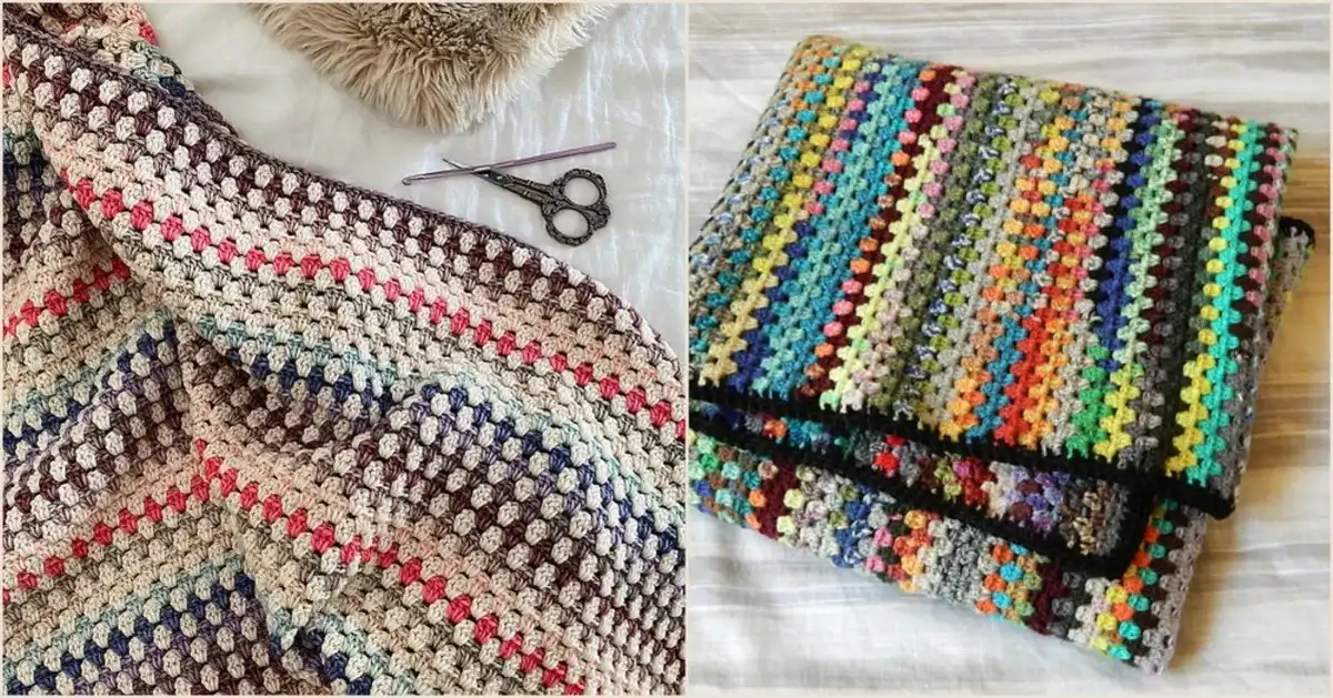 A vibrant, multi-colored granny stripes crochet blanket draped over a sofa, showcasing classic crochet craftsmanship and inviting texture.