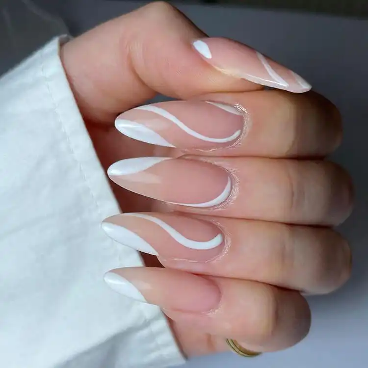 Green and White Almond Shaped Nail Design for Women - Great for Fall, Summer and Holidays 18 Long white almond nails for women with elegant swirl designs, perfect for any occasion