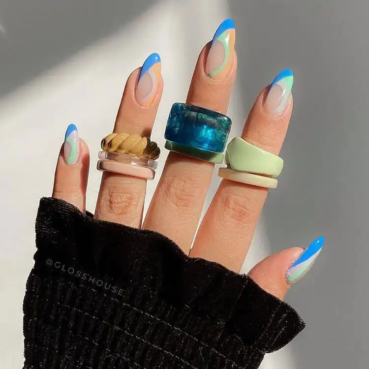 Green and White Almond Shaped Nail Design for Women - Great for Fall, Summer and Holidays 2 Retro blue and yellow mod style almond nails for women, a vibrant 1960s inspired design