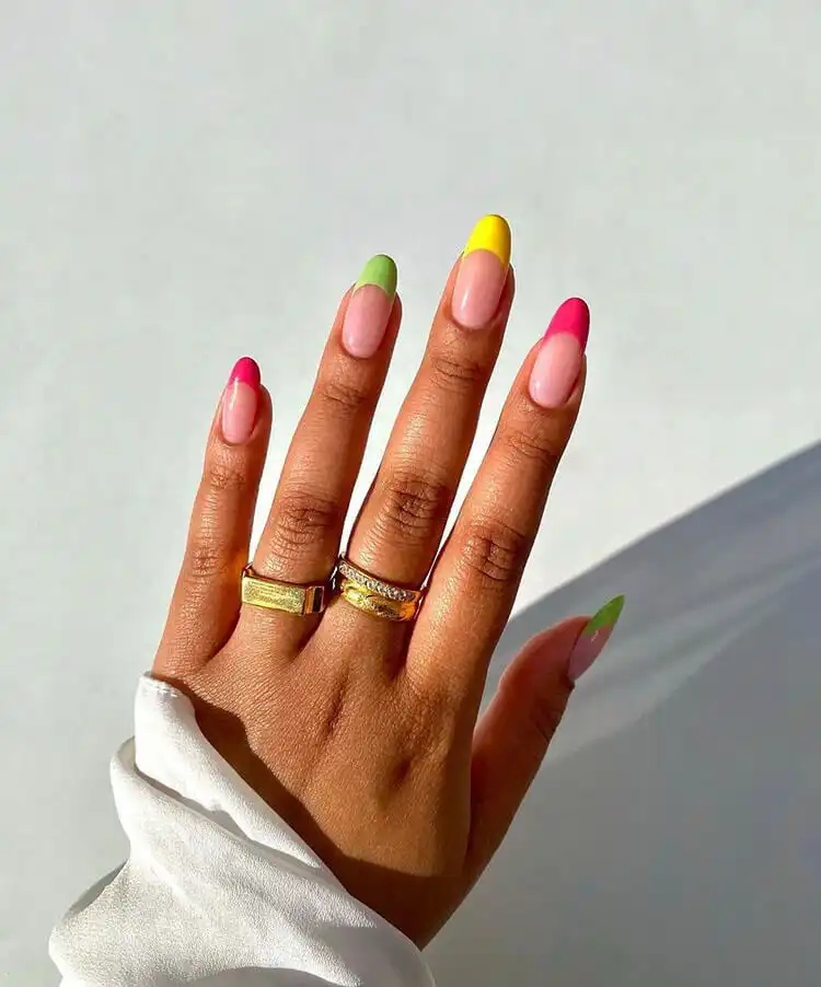 Green and White Almond Shaped Nail Design for Women - Great for Fall, Summer and Holidays 4 Vibrant pink and green almond nails for women, embodying cheerful summer vibes and bright colors