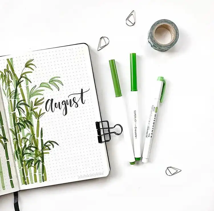 Weekly planner bullet journal spread with a consistent green leaf theme and an inspirational quote.