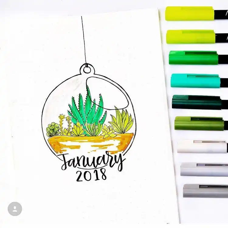 Creative Instagram follower tracker in a bullet journal, designed as a growing plant with leaves representing milestones.