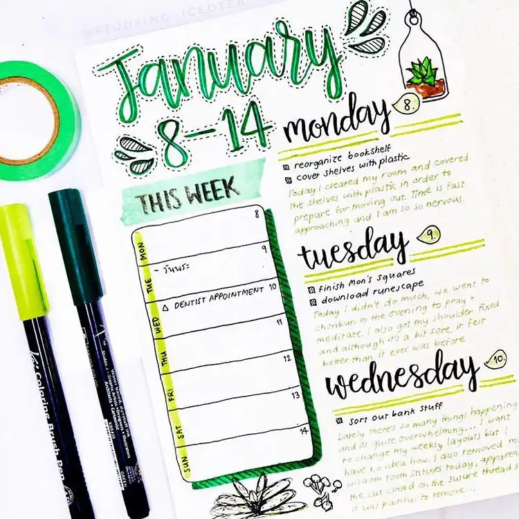 Weekly planner bullet journal spread designed with a harmonious color scheme of green and pink accents.