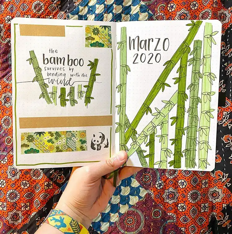 Green weekly planner bullet journal spread featuring bold text and elegant palm leaf illustrations on the side.