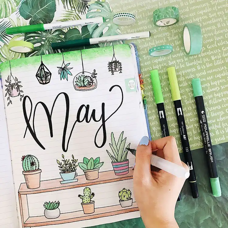 March bullet journal cover page design featuring playful, halved avocados with their pits, in green and brown tones.