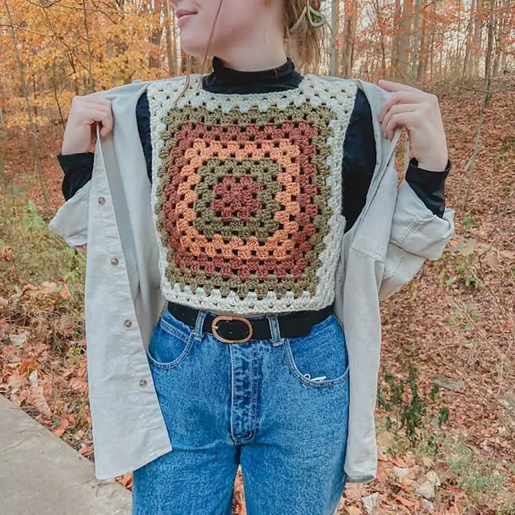 Easy 70s Crochet Granny Square Vest, a retro-inspired wearable with vibrant colors