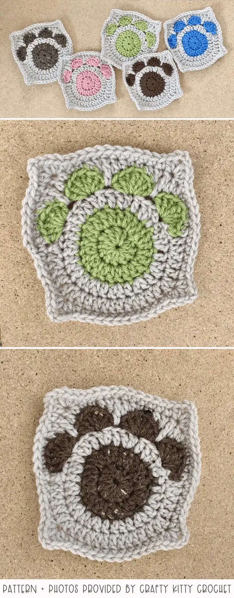 Unique Paw Print Crochet Granny Square motif, perfect for pet-themed blankets or pillows