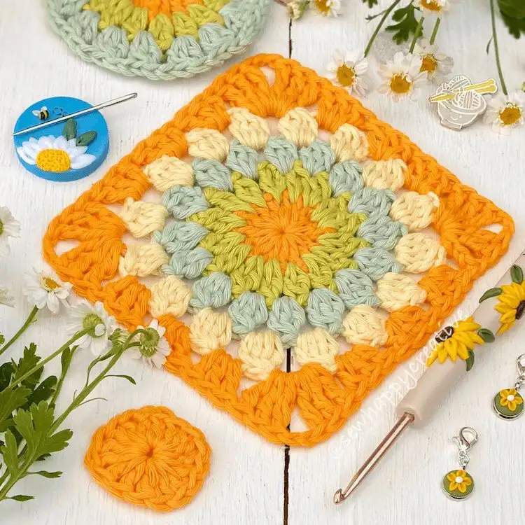 Bright Sunburst Granny Square in warm, cheerful colors, adaptable for seasonal themes