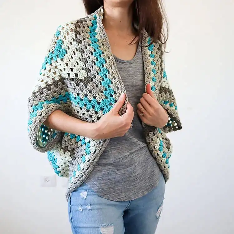 Flowing Granny Square Shrug in continuous crochet, perfect for beginner crocheters