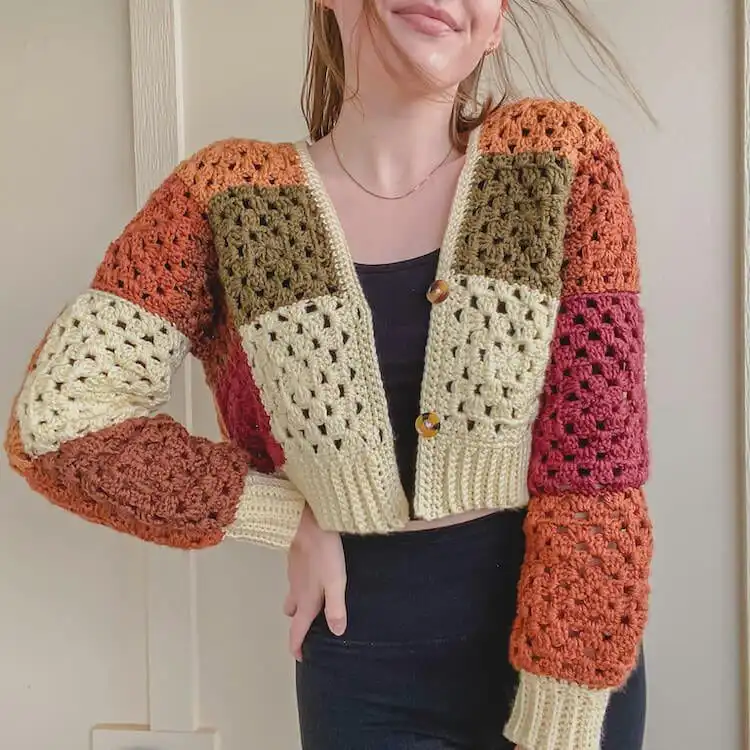 Crochet Cozy Granny Square Cardigan, a beginner-friendly, oversized, and cropped sweater