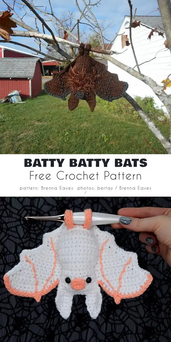 The versatile Batty Batty Bats crochet pattern, shown hanging as a sweet and spooky Halloween decoration.