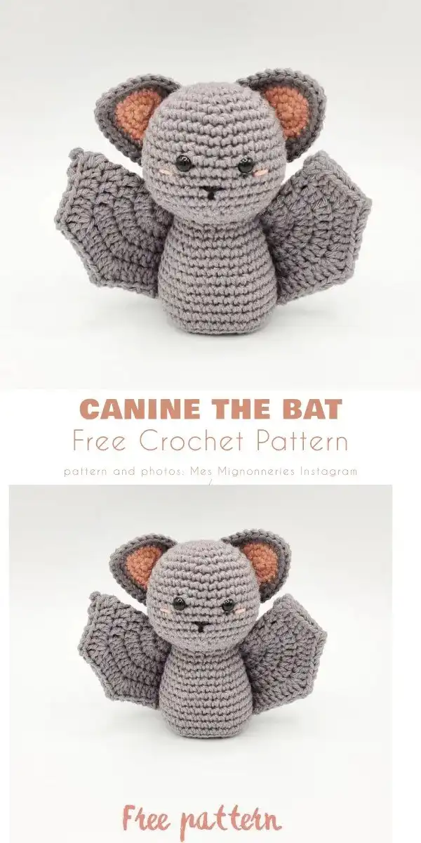 The adorable Canine The Bat free crochet pattern, a friendly amigurumi perfect for children's Halloween toys.