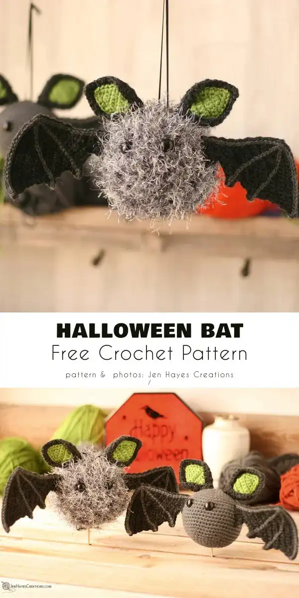 A unique pom-pom based Halloween Bat free crochet pattern by Jen Hayes Creations, showcasing personalization options.