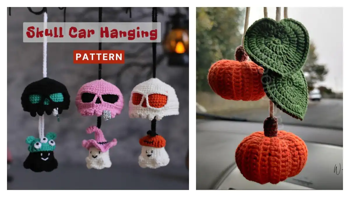 A collection of handmade Halloween car charms including a Halloween Poisoned Spider Fern Hanging Basket Car Charm, smiling pumpkins, friendly ghosts, and cute bats, showcasing various crochet patterns hanging together.