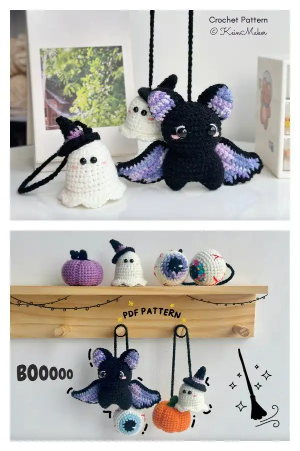 A bundle of Halloween car hanging crochet charms, featuring a cute pumpkin, a white ghost, and a black bat, all smiling and crocheted in bright Halloween colors.