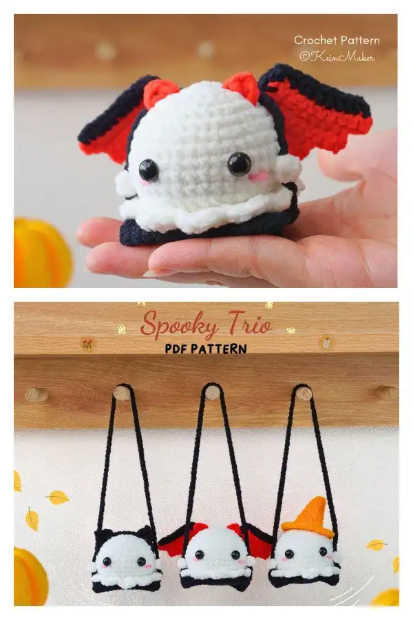 A spooky trio car hangings set featuring a white ghost and a vampire figure, crocheted with distinct details and expressions for Halloween.