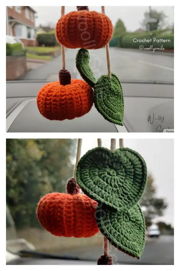 A pumpkin ornament car mirror charm crochet pattern, showing a classic ribbed orange pumpkin with a green stem and curly tendril.