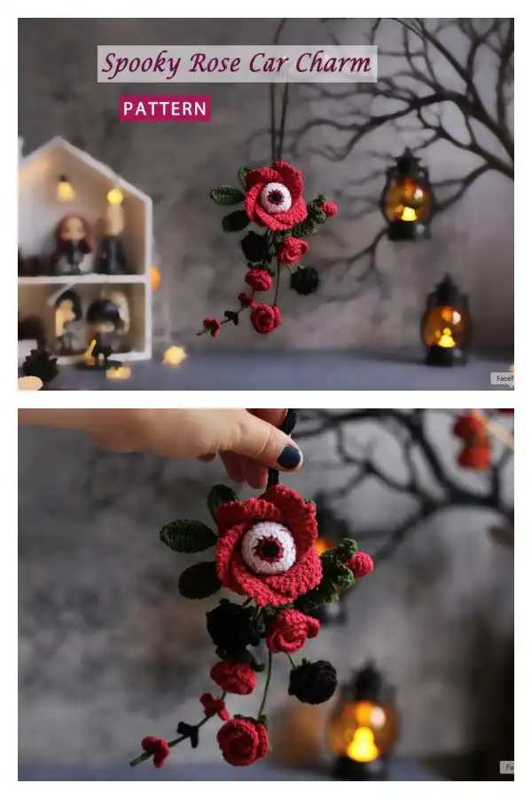 A spooky rose charm hanging crochet pattern, depicting a dark, possibly black or deep red, crocheted rose with a mysterious and elegant feel.