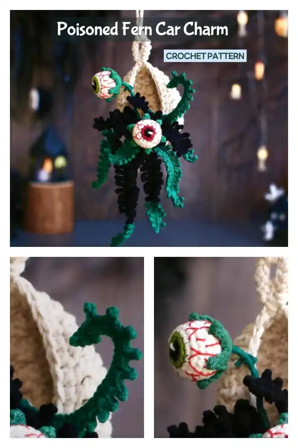 A Halloween Poisoned Spider Fern Hanging Basket Car Charm Crochet Pattern, featuring a miniature crocheted hanging basket with green fern leaves and a small black spider lurking within.
