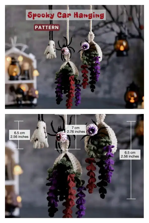 A spooky crochet Halloween bundle of car charms, including a round orange pumpkin, a white ghost, and a black bat, each with embroidered faces.