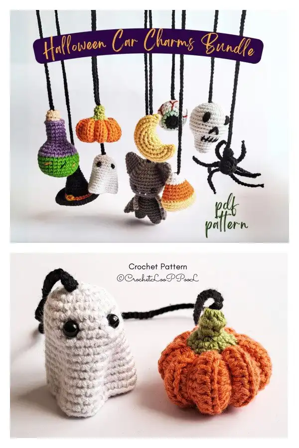 A set of Halloween car charms crochet pattern bundle, showcasing multiple small crocheted items like a ghost, pumpkin, and a black cat, ready to hang.