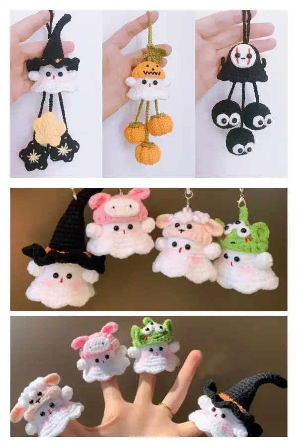 An ultimate 6-in-1 car ghost hanger crochet pattern, displaying several white ghost figures with different facial expressions, some with small pink cheeks.