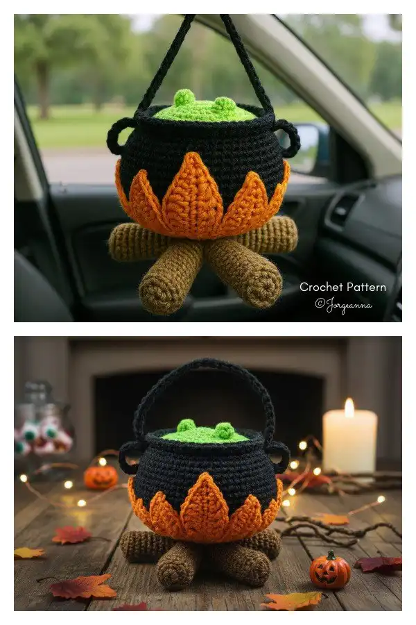 A hanging witch pot charm crochet pattern, depicting a small black cauldron with green 'brew' bubbling over the top and tiny stars.