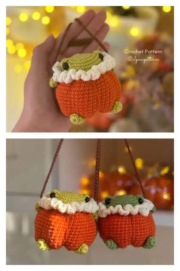 A pumpkin frog car charm crochet pattern, featuring a green frog character wearing an orange pumpkin costume, designed for low-sew assembly.