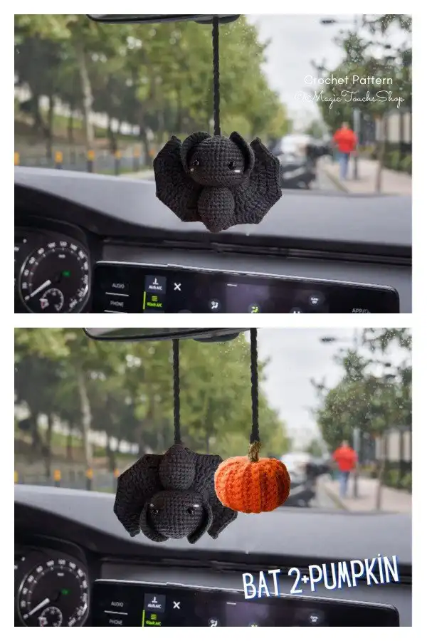 A crochet bat car charm, made from black yarn with large, friendly eyes and outstretched wings, perfect for Halloween car decor.