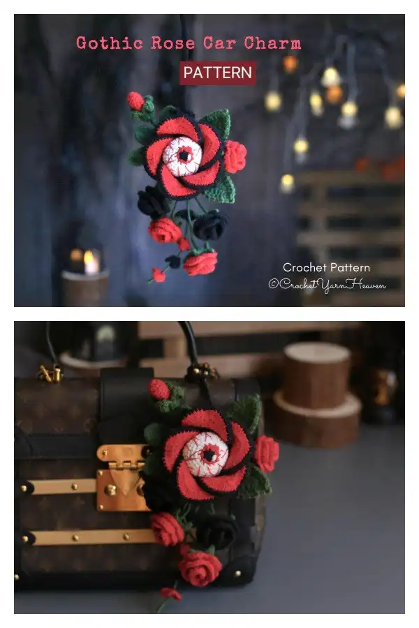 A spooky flower hanging crochet pattern, showing a dark-colored, possibly purple or black, crocheted flower with an eerie aesthetic.