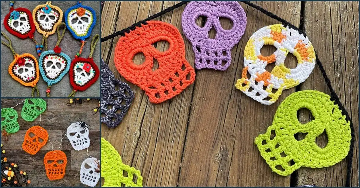 Collection of Halloween skull patches and appliques in various crochet styles and colors, ready for festive decor.