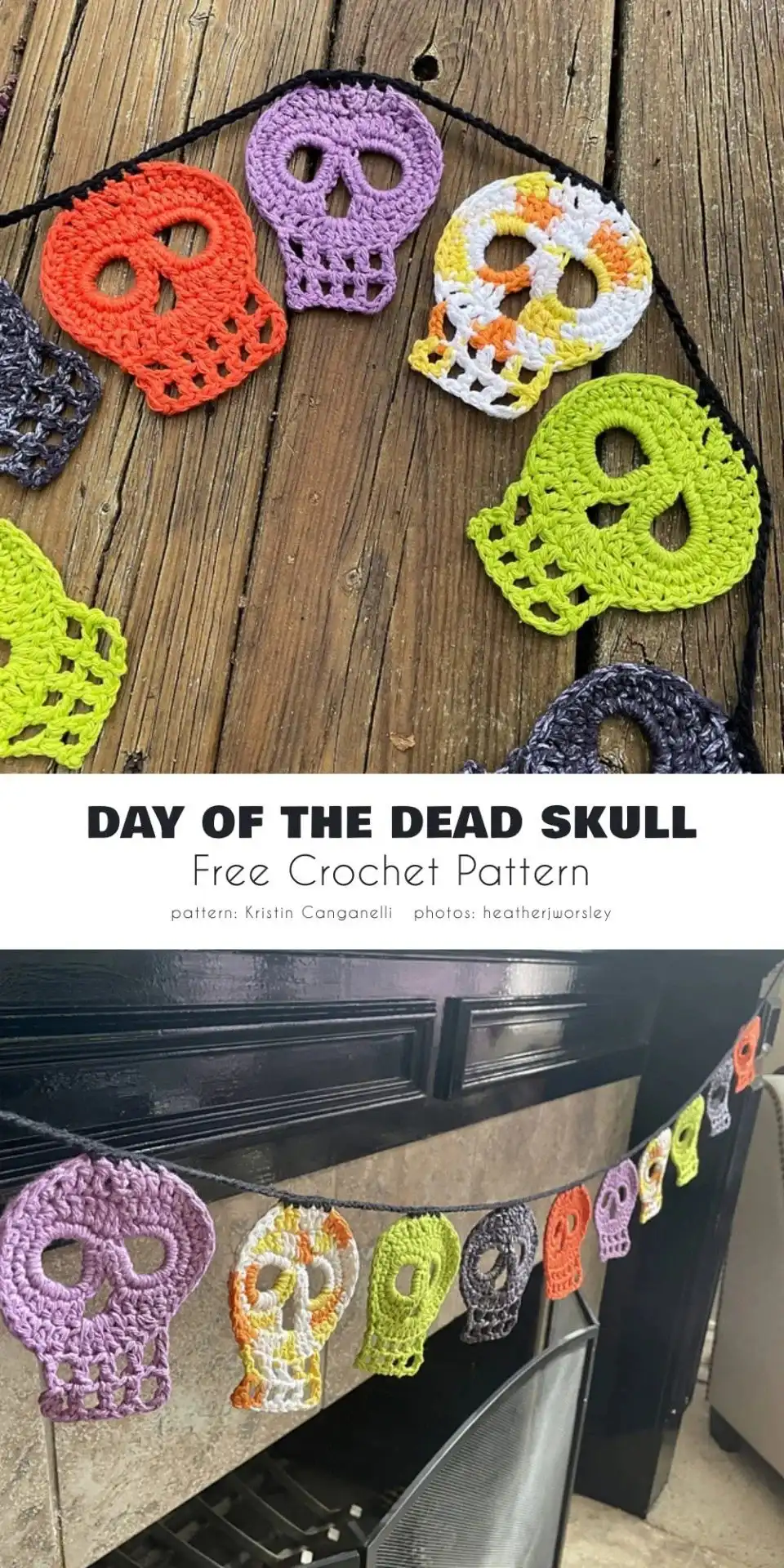 Detailed crochet Day of the Dead skull applique with intricate colorful embroidery and floral elements.