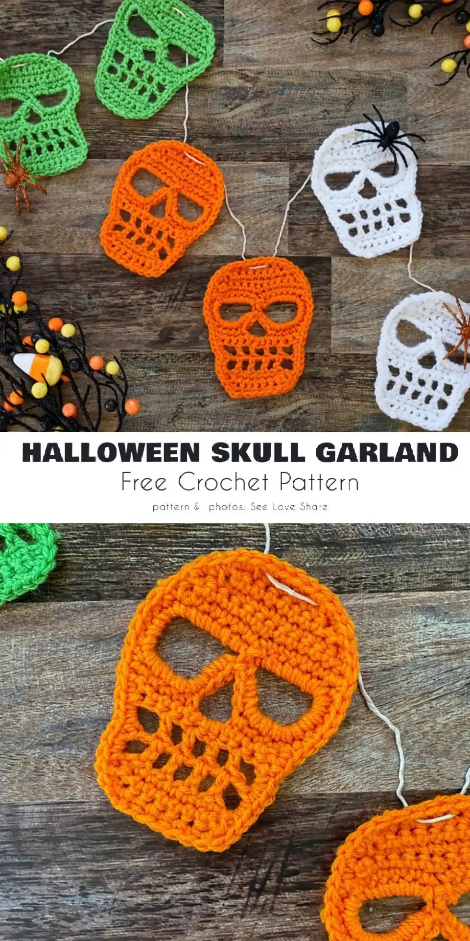Crochet Halloween skull garland with multiple expressive white skull appliques strung together for decoration.