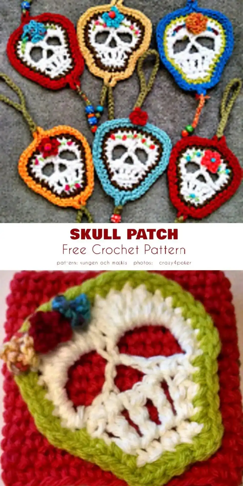 Stylized crochet skull patch with a Mexican-inspired design, featuring bold outlines and eye details.