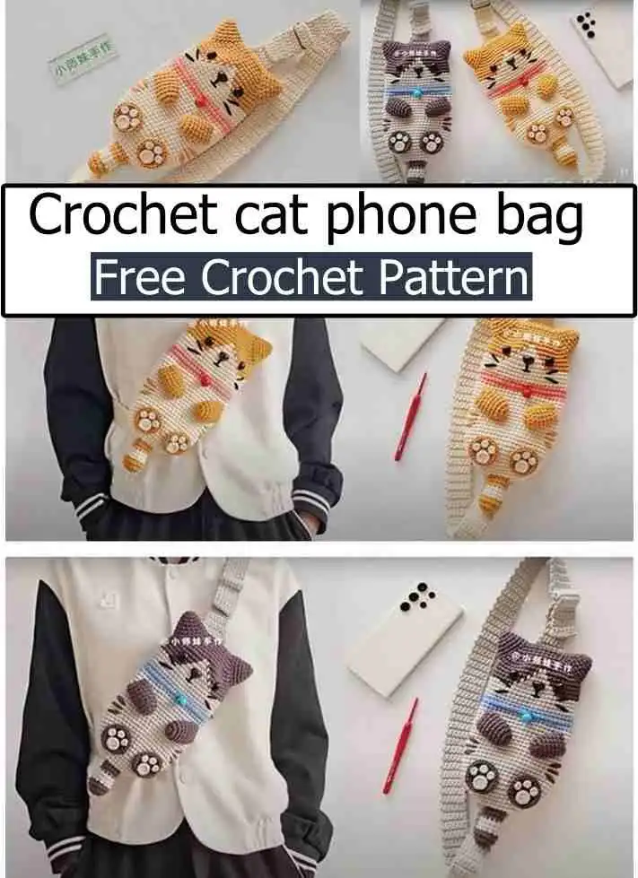 Detailed view of a finished crochet cat phone bag, highlighting the stitched facial features and compact phone-holding design.