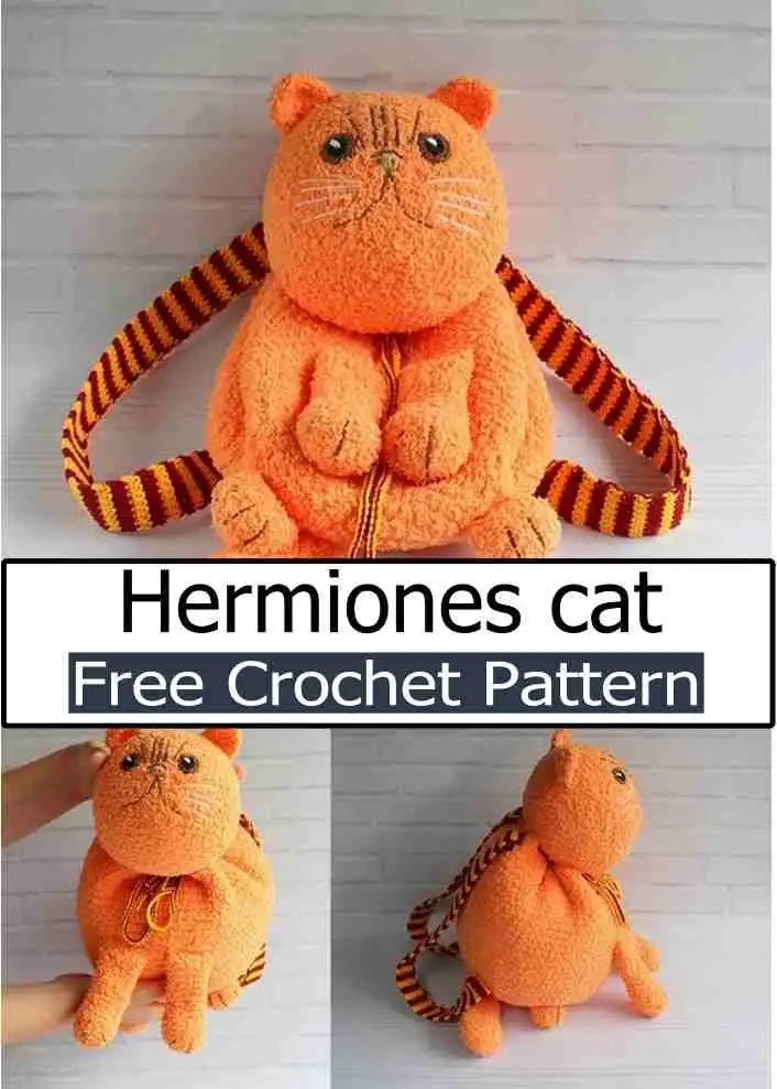 A unique crochet bag designed to resemble Hermione's cat, Crookshanks, with specific textures and a 'squashed' face feature.