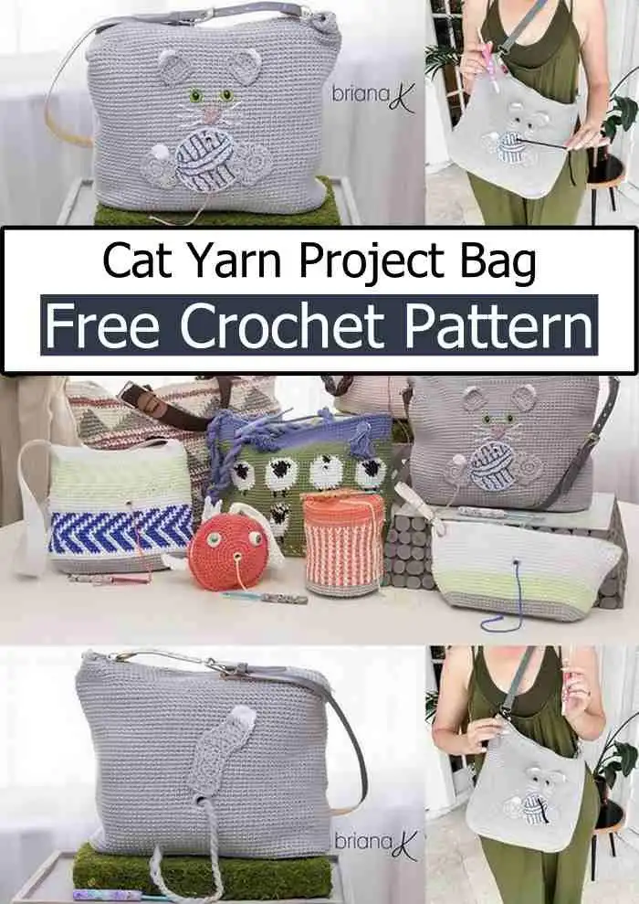 A creative crochet cat yarn project bag, designed to store yarn and knitting/crochet tools, with an integrated cat face.