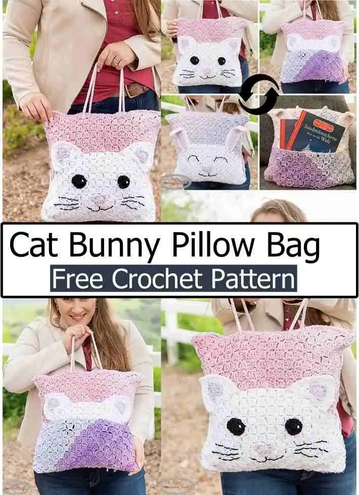 An adorable crochet cat bunny pillow bag, combining the features of both animals for a soft, decorative, and functional item.