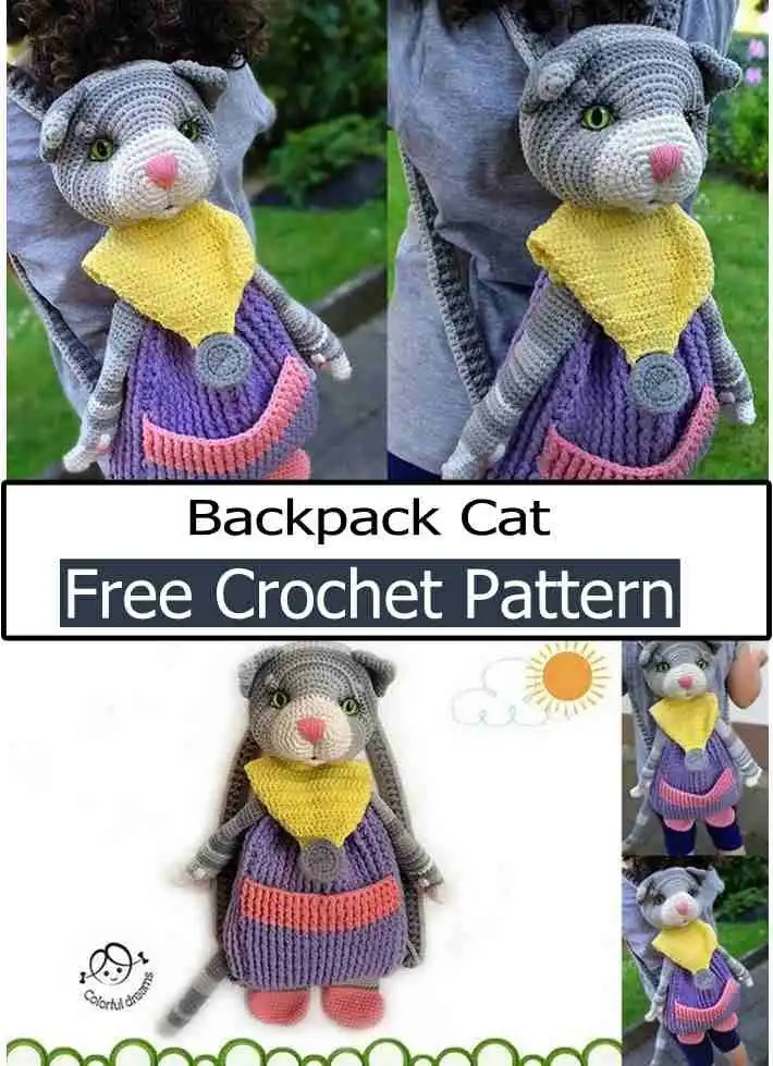 A charming crochet 'Backpack Cat' accessory, designed as a small backpack with cat ears and facial details.