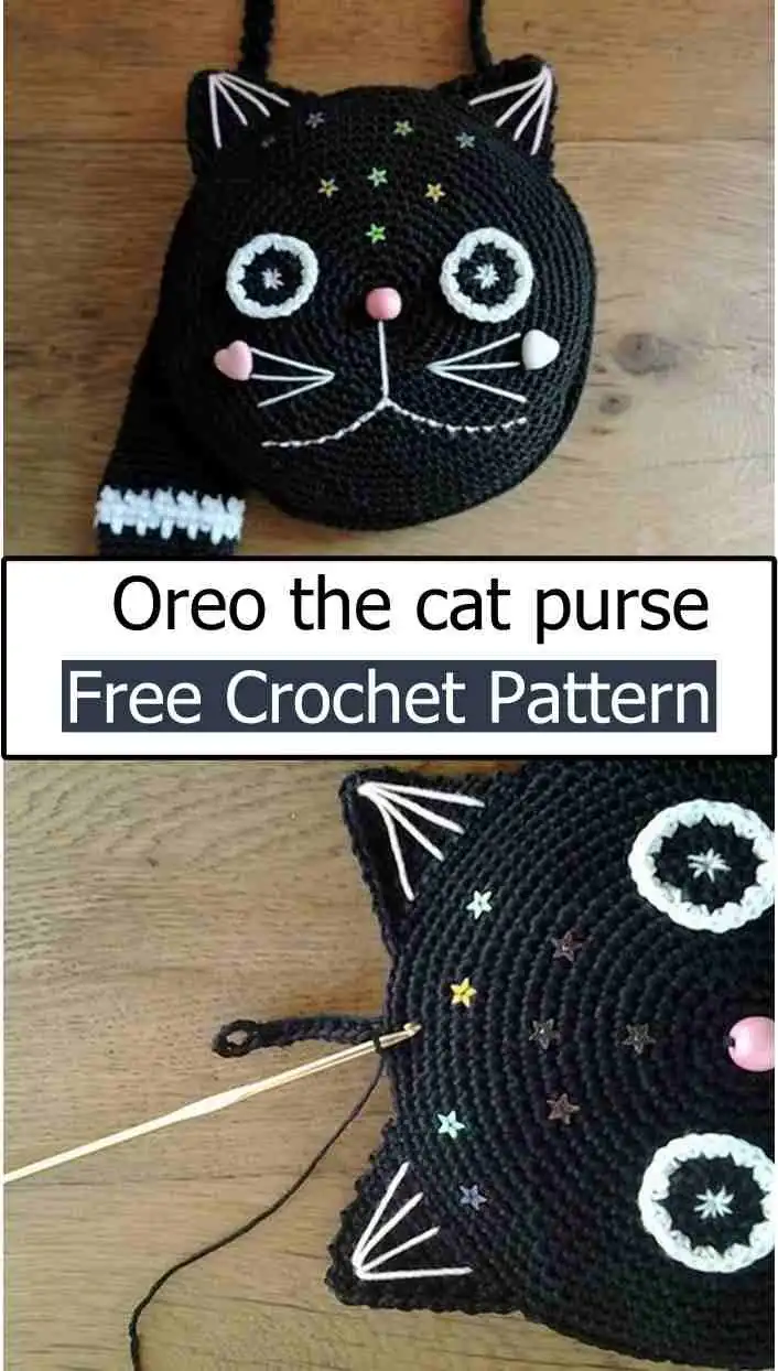 A playful 'Oreo the cat purse' made from crochet, featuring a two-tone design mimicking the cookie with cat features.