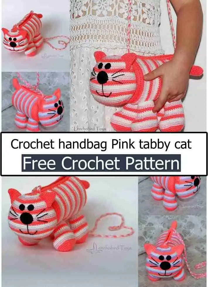 A vibrant crochet handbag depicting a pink tabby cat, complete with stripe details and expressive eyes.