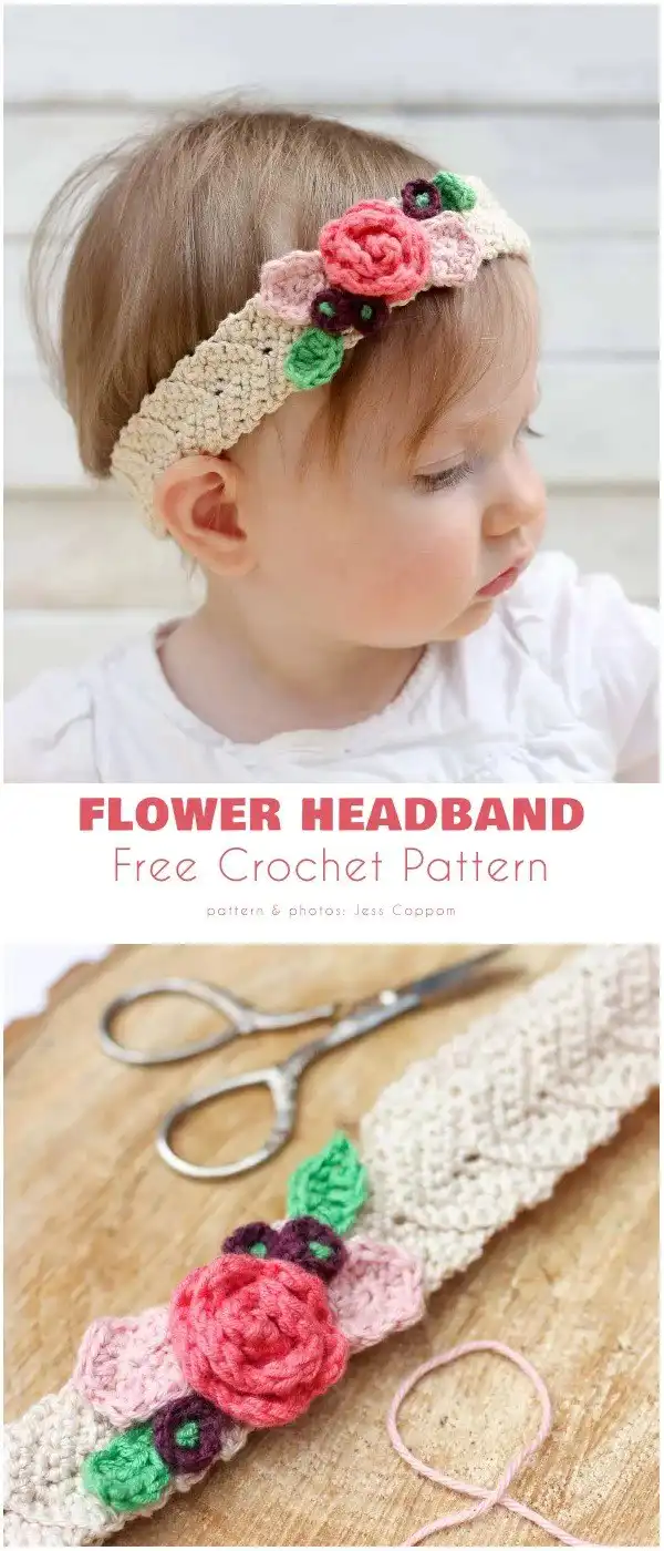 Boho-style crocheted headband for a baby girl with an intricate flower applique and natural textures, featuring Headband for a Baby Girl Free Crochet Patterns