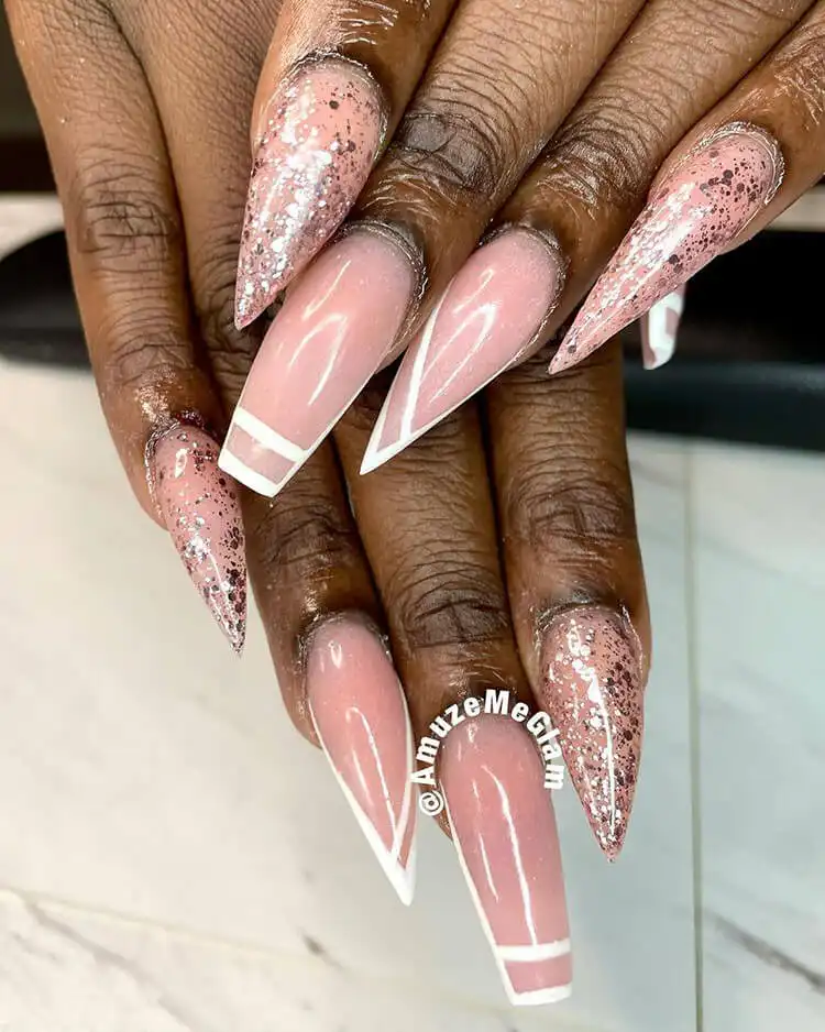Razzle Dazzle French tips with a playful and glittering design, perfect for a standout manicure.