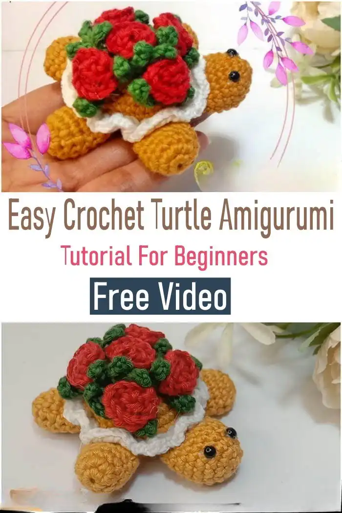 An elegant amigurumi rose turtle featuring a shell adorned with delicate crochet rose petals.